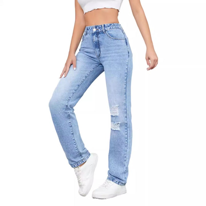 Damen hohe Jeans im lässigen Vintage-Stil mit stylischem Destroyed-Effekt Drune