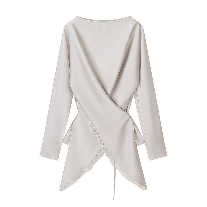Damen Zweiteiliges Satin-Set mit Wickelbluse und Midirock mit Spitzenbesatz Drune