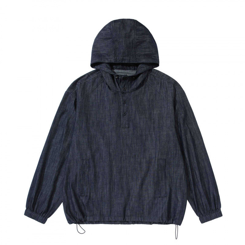 Unisex Denim-Blend Kapuzenpullover im Overshirt-Stil mit Henley-Knopfleiste Drune