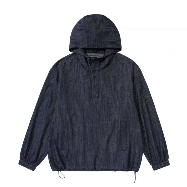 Unisex Denim-Blend Kapuzenpullover im Overshirt-Stil mit Henley-Knopfleiste Drune