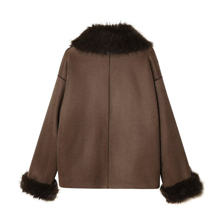 Damen Cropped Lammfell‑Imitat‑Jacke mit großem Schalkragen und Fellbesatz Drune