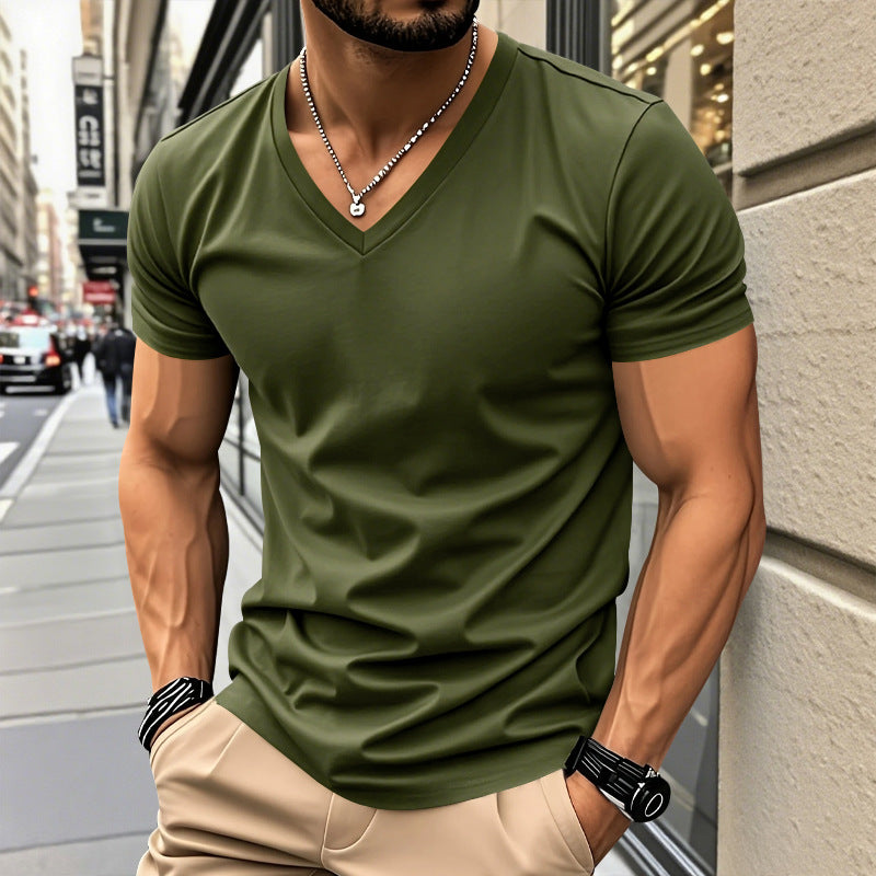 Herren nan klassisches V-Ausschnitt T-Shirt aus feinem Baumwolljersey mit verstärktem Nackenband und Doppelnaht Drune