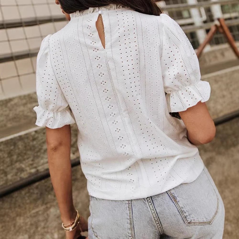 Damen Bluse mit Rüschendetails und Lochmuster Drune