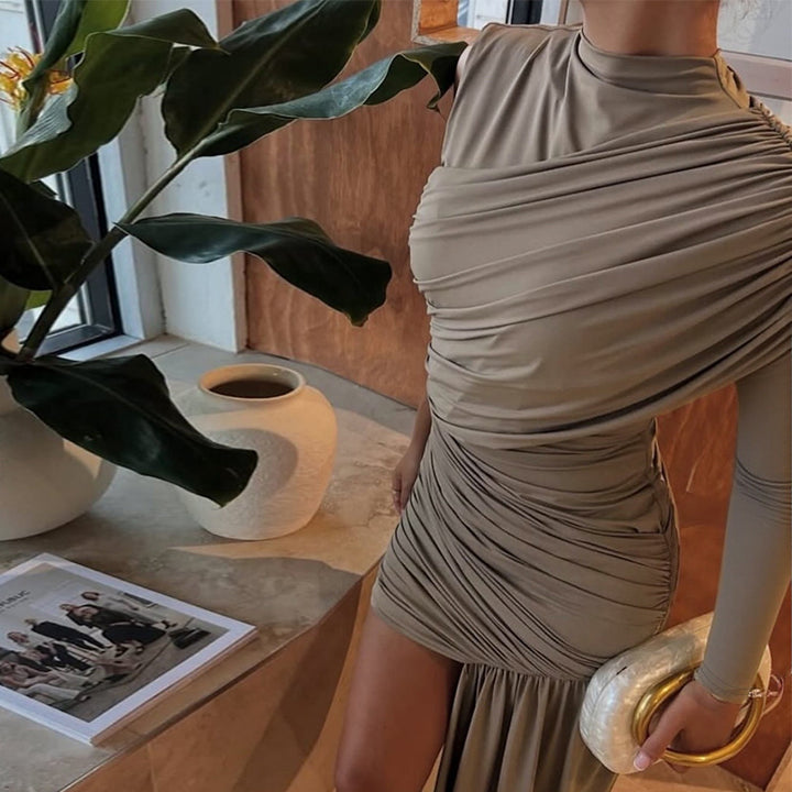 Damen elegantes Wickelkleid mit asymmetrischem Saum und langen Ärmeln Drune
