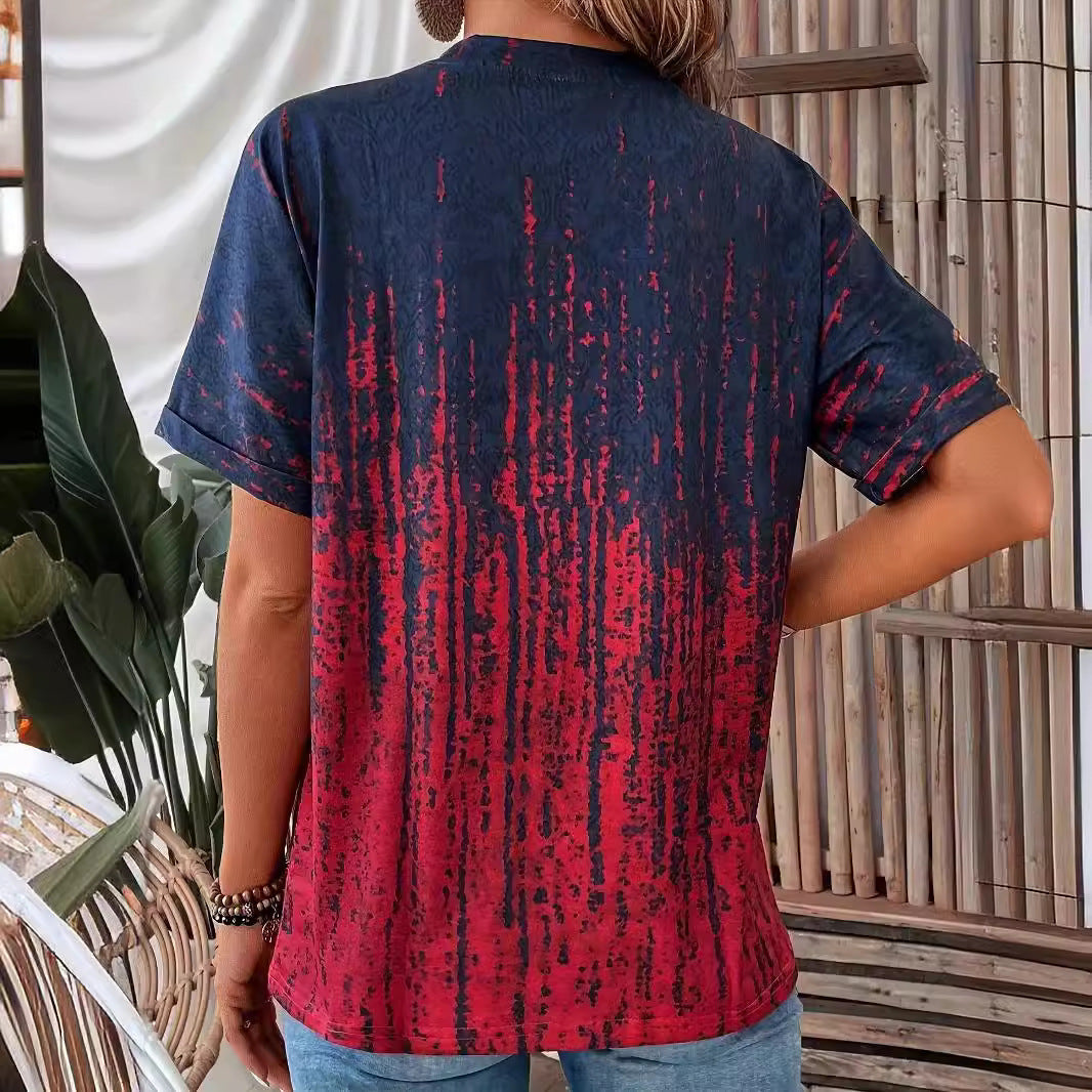Damen Kurzarm-Bluse mit stylischem Knopf-Design und modischem Farbverlauf Drune