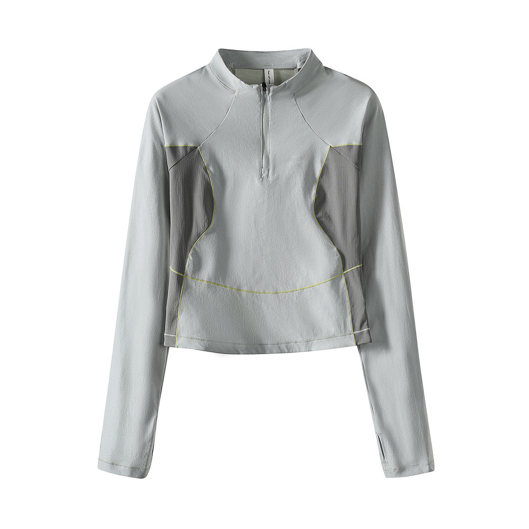 Damen Cropped Halbzip-Trainingsshirt mit Raglanärmeln und Kontrastpaneelen Drune