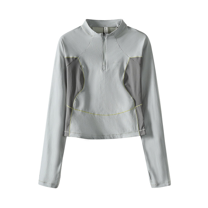 Damen Cropped Halbzip-Trainingsshirt mit Raglanärmeln und Kontrastpaneelen Drune
