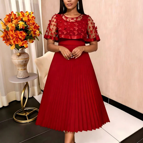 Damen elegantes Abendkleid mit plissiertem Rock und transparenten Puffärmeln Drune