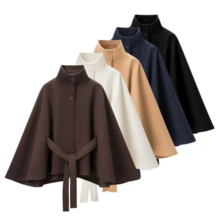 Damen nan tailliertes Cape mit Stehkragen, Knopfverschluss und Bindegürtel Drune