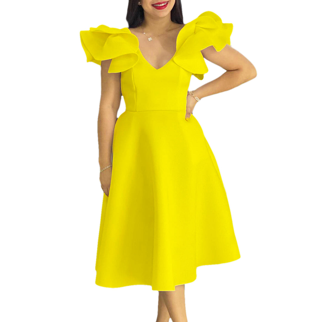 Damen Midi-Kleid mit voluminösen Rüschenärmeln und weit schwingendem Rock Drune