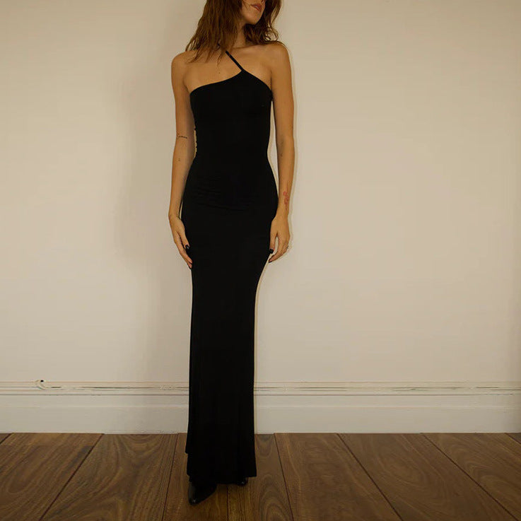 Damen elegantes Maxikleid mit asymmetrischem Träger und raffiniertem Schnitt Drune