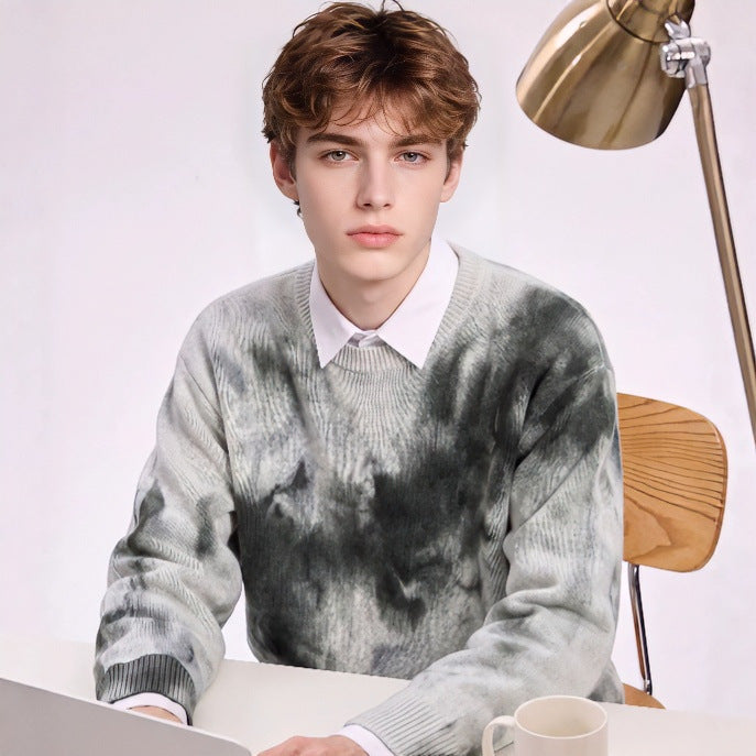 Herren Oversize-Strickpullover mit Batikoptik, Rundhalsausschnitt und Rippbündchen Drune