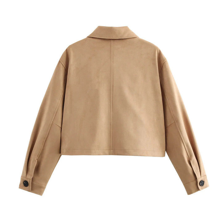 Damen nan kurze Oversize Wildlederimitat-Jacke mit großem Hemdkragen und aufgesetzten Pattentaschen Drune