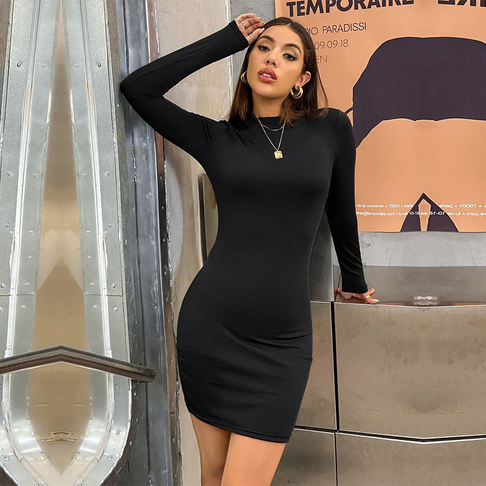 Damen figurbetontes Langarm-Minikleid mit Stehkragen und Sculpting-Jersey Drune