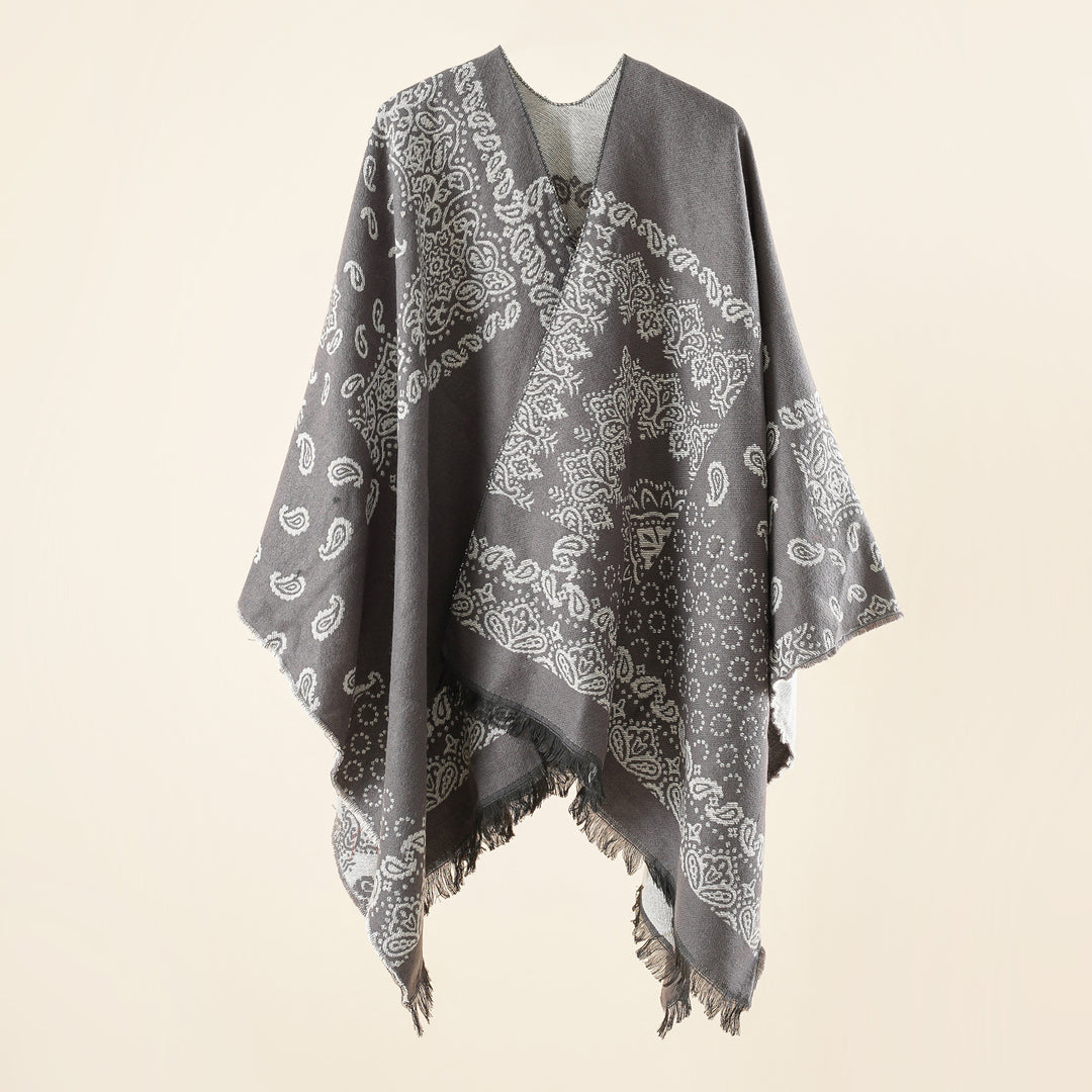 Damen Jacquard-Umhangponcho mit Paisley-Muster und Fransen Drune