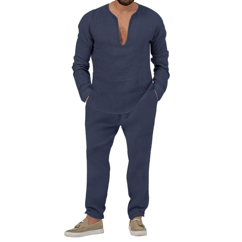 Herren lässiges Leinen-Outfit mit tiefem V-Ausschnitt und elastischem Bund Drune
