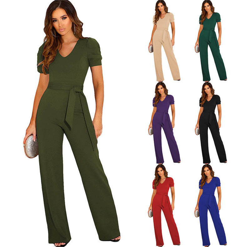 Damen Eleganter Jumpsuit mit Taillengürtel und Puffärmel Drune