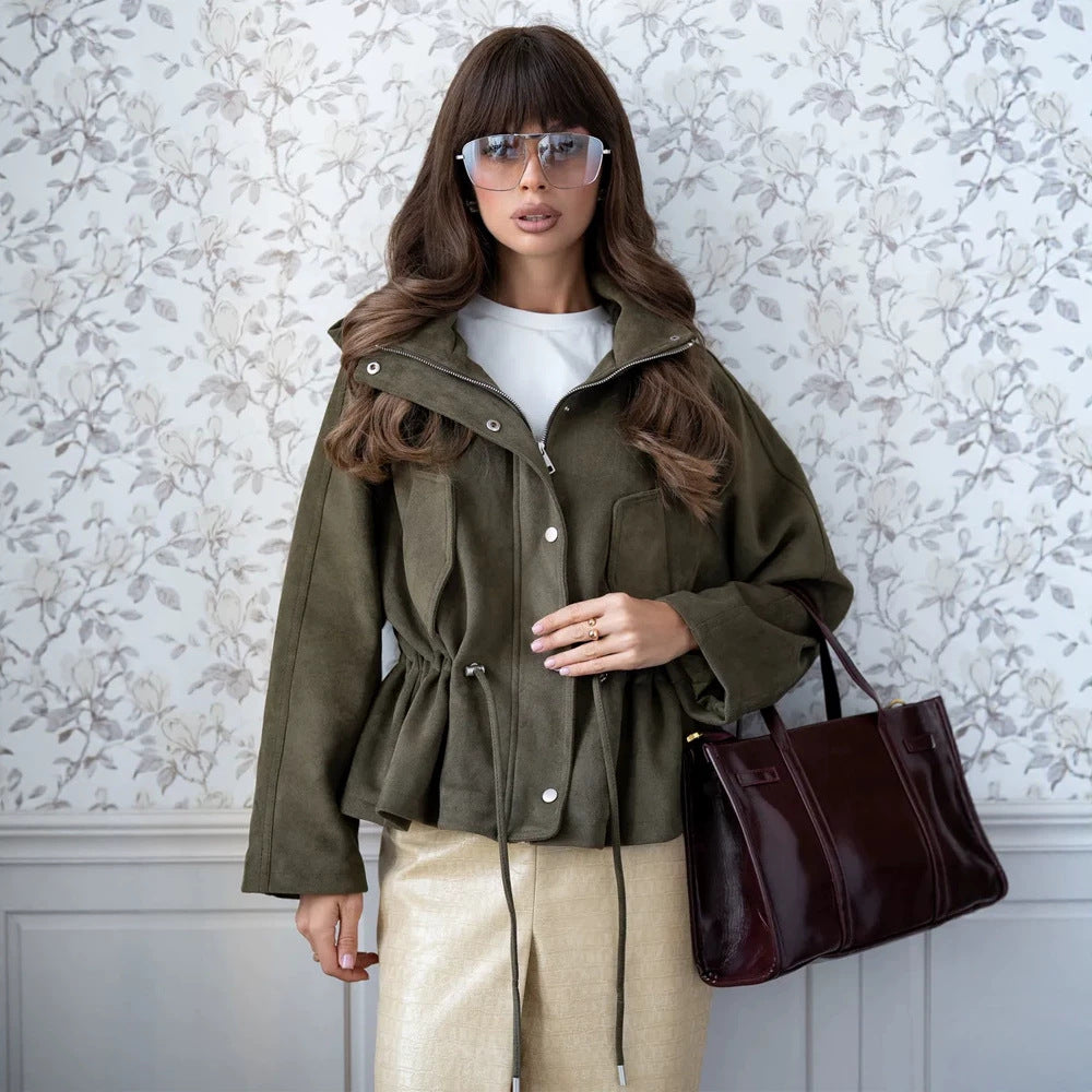 Damen Kurzblouson aus Veloursleder-Optik mit Kapuze, Tunnelzug‑Taillierung und Pattentaschen Drune