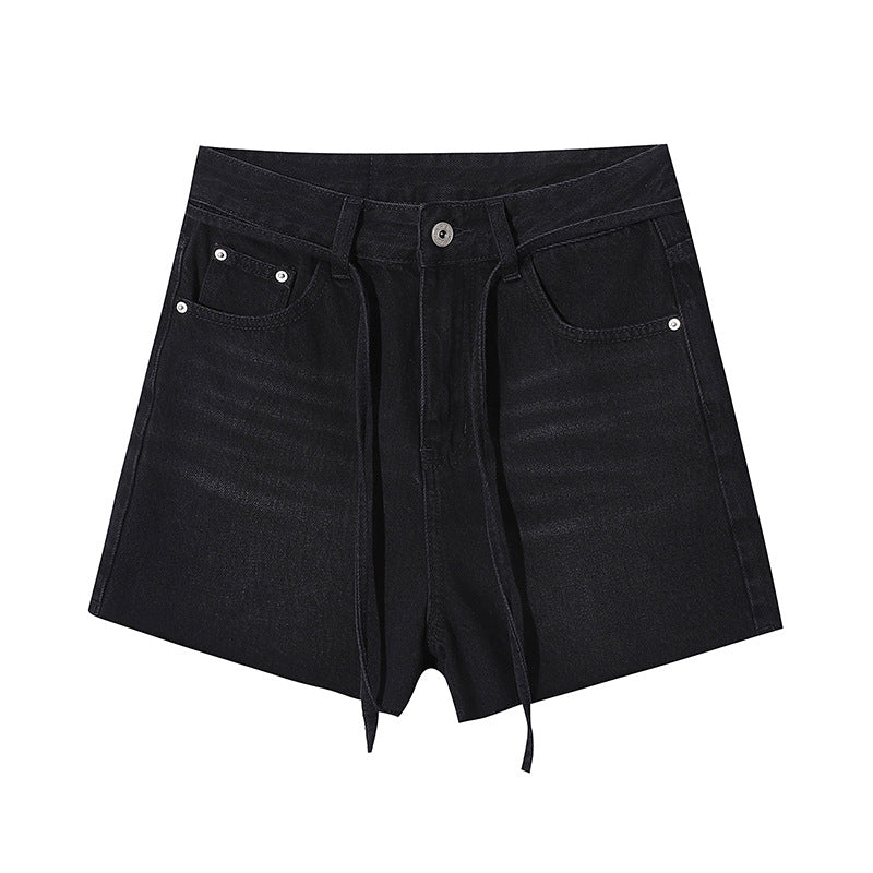 Damen hohe Taillen Jeansshorts mit dekorativen Schnürdetails und fransigem Saum Drune