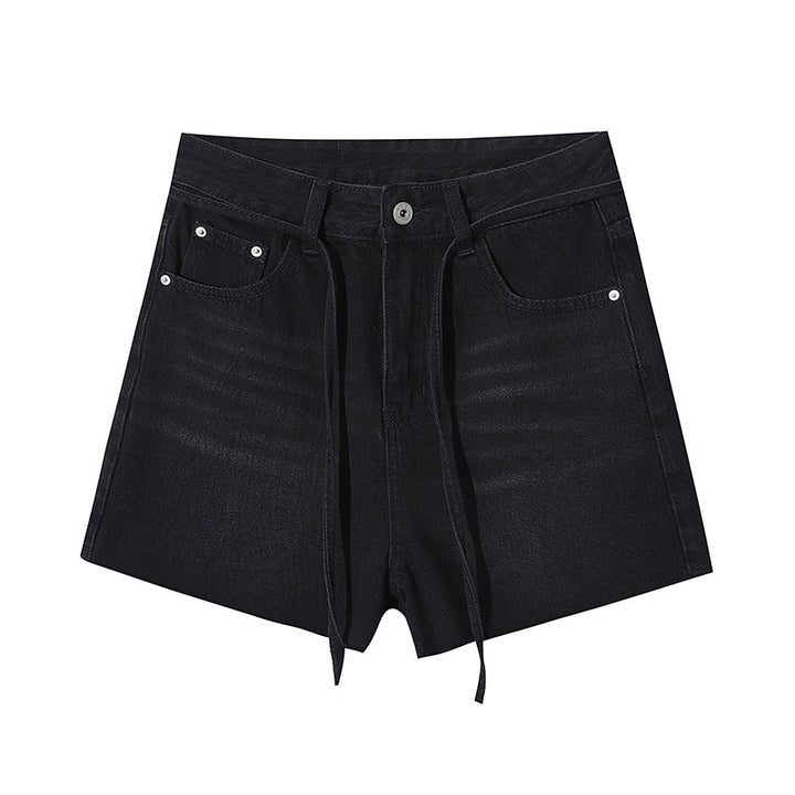 Damen hohe Taillen Jeansshorts mit dekorativen Schnürdetails und fransigem Saum Drune