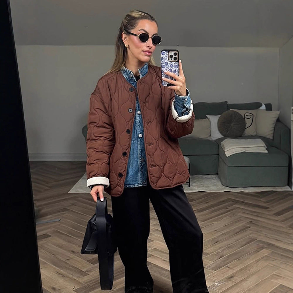 Damen gesteppte Übergangsjacke mit runder Steppung, Boxy‑Silhouette und Druckknopfleiste Drune