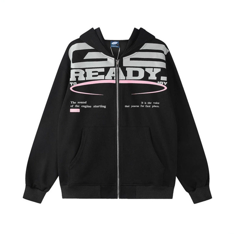Damen Kapuzen-Sweatjacke mit durchgehendem Reißverschluss, Oversize-Schnitt und Statement-Frontprint Drune