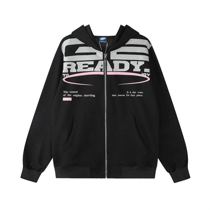 Damen Kapuzen-Sweatjacke mit durchgehendem Reißverschluss, Oversize-Schnitt und Statement-Frontprint Drune
