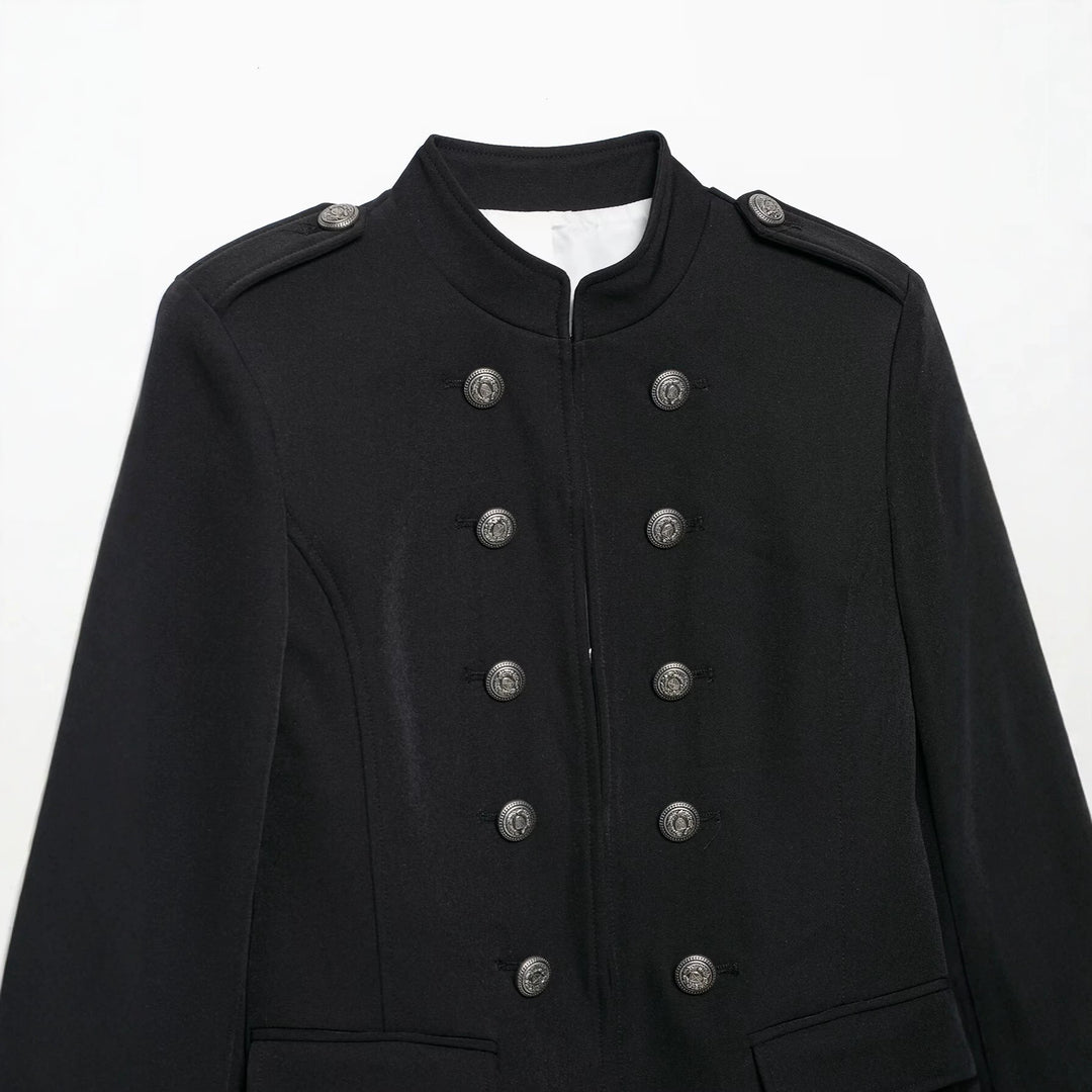 Damen Taillierte Military-Shortjacke mit Stehkragen und Doppelreihe Drune