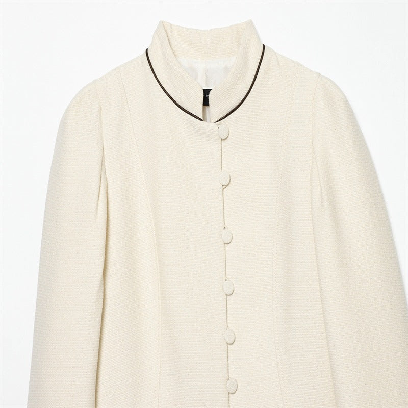 Damen Bouclé-Tweed Kurzjacke mit Stehkragen, taillierter Schnitt und Kontrastpaspel Drune
