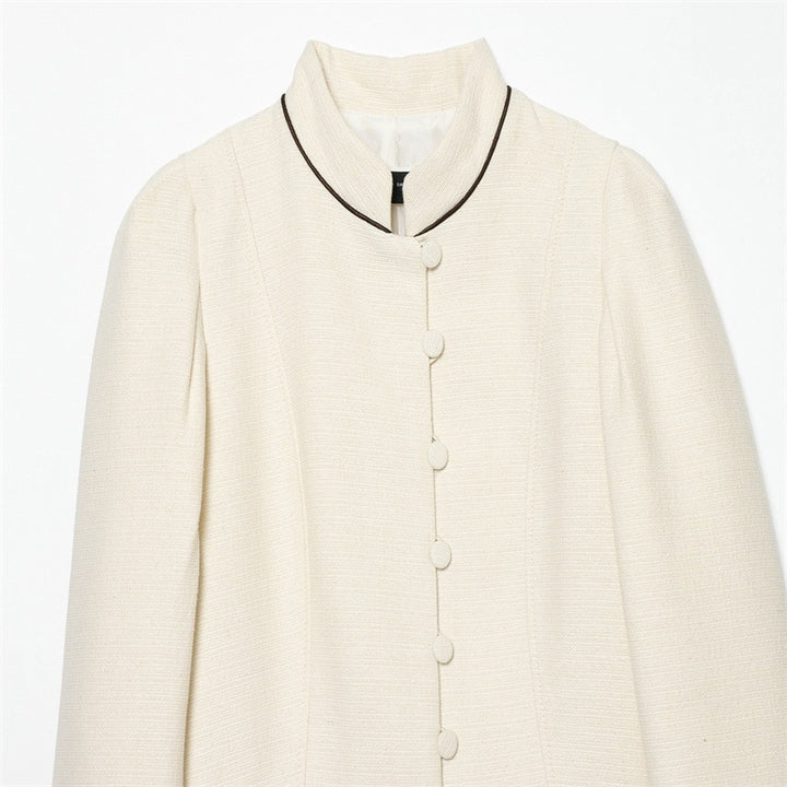 Damen Bouclé-Tweed Kurzjacke mit Stehkragen, taillierter Schnitt und Kontrastpaspel Drune