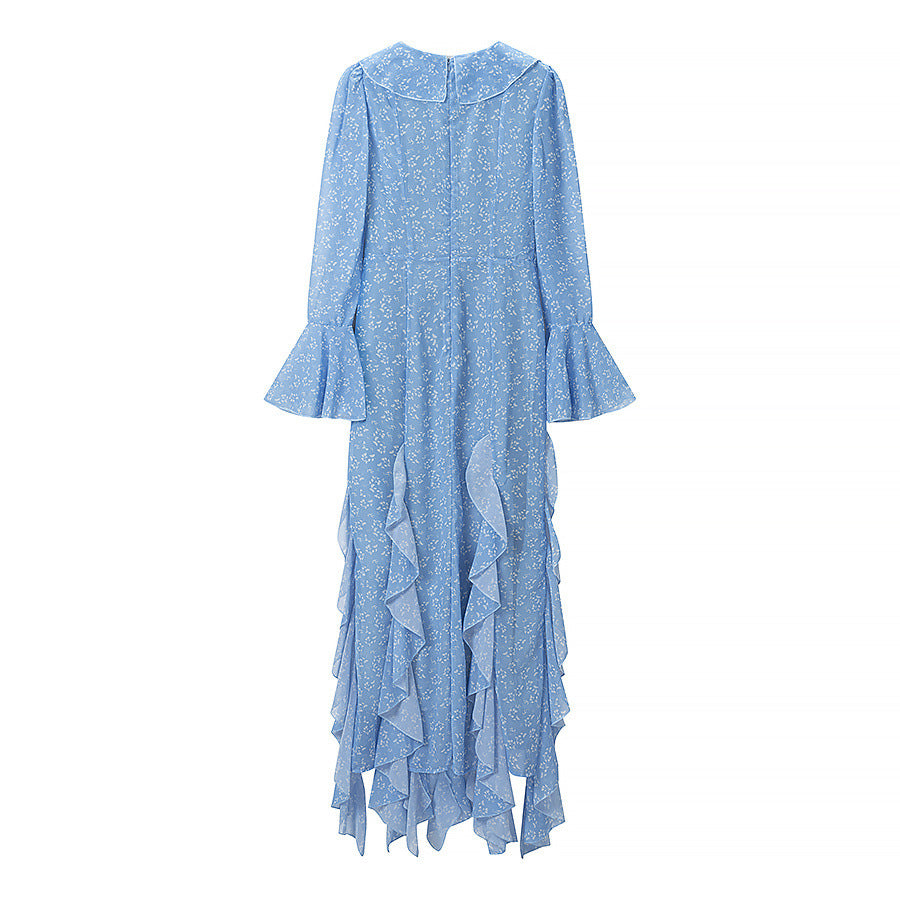 Damen Romantisches Stufen-Rüschen-Maxikleid mit V-Ausschnitt und Glockenärmeln Drune