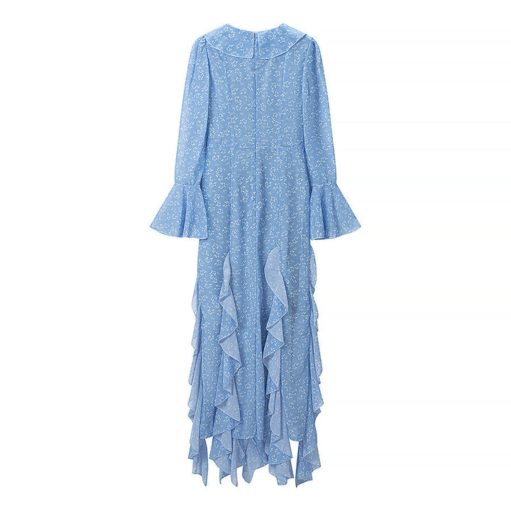 Damen Romantisches Stufen-Rüschen-Maxikleid mit V-Ausschnitt und Glockenärmeln Drune