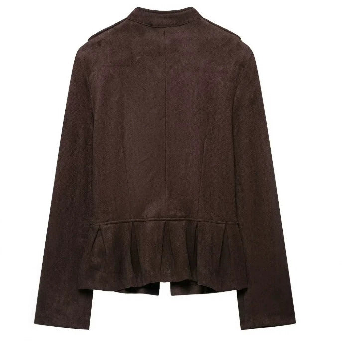 Damen Militärjacke aus Wildlederimitat mit Stehkragen und Schößchen Drune
