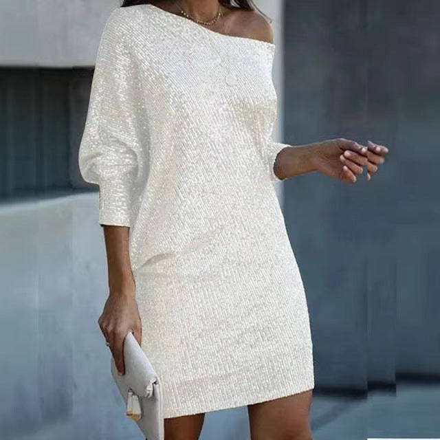 Damen Schulterfreies Strick-Minikleid mit Fledermausärmeln Drune