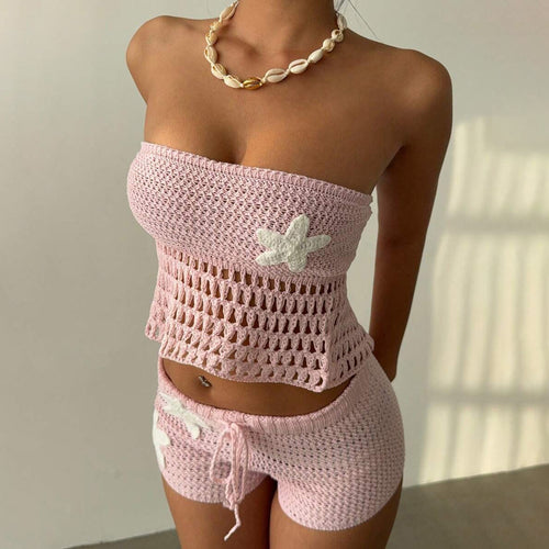 Damen gehäkeltes Strand-Set mit verstellbarem Oberteil und Shorts Drune