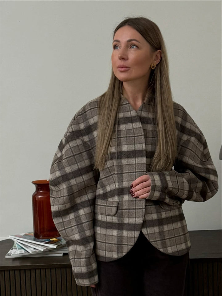 Damen Karierter Boxy‑Blazer mit voluminösen Ballonärmeln Drune