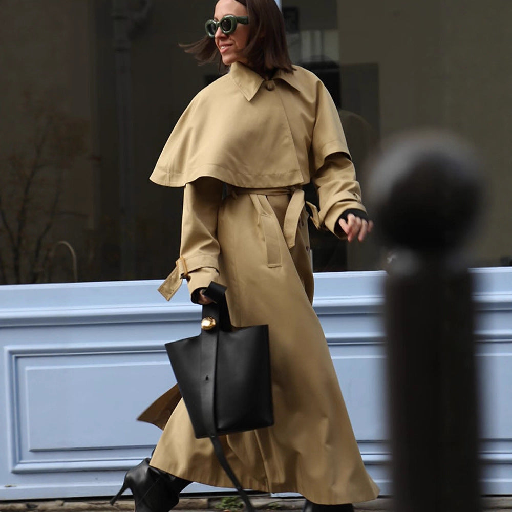 Damen trendiger Trenchcoat mit weit oversize Schnitt und abnehmbarer Kapuze Drune