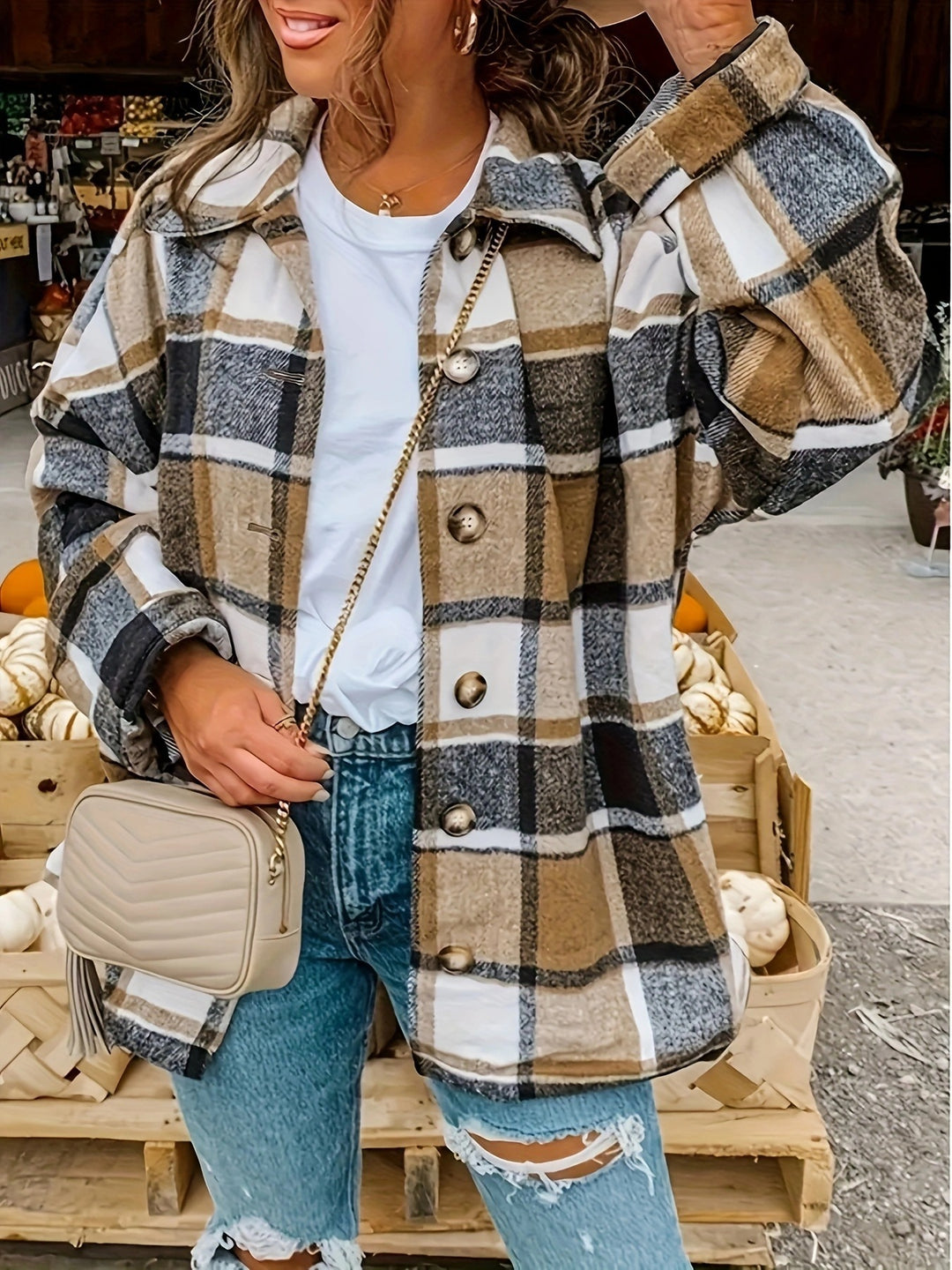 Damen Karojacke mit Knöpfen und modischem Schnitt Drune