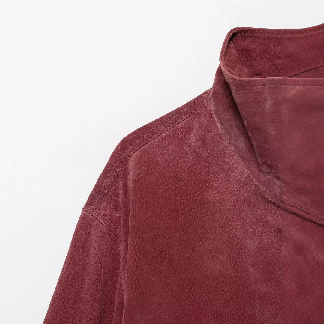 Damen Kurzschnitt Veloursleder-Bomber mit hohem Stehkragen und elastischem Saum Drune