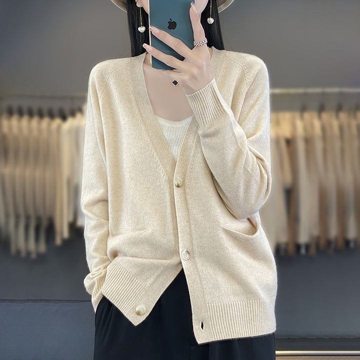 Damen Lässiger Feinstrick-Cardigan mit V‑Ausschnitt, Eingrifftaschen und breitem Rippbund Drune