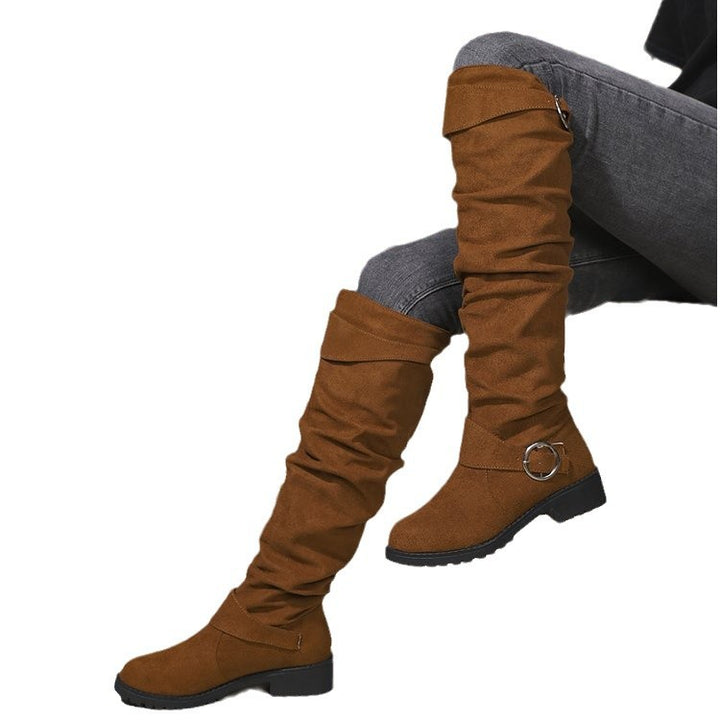 Damen Overknee-Stiefel aus weichem Wildleder mit dekorativem Schnallen-Detail Drune