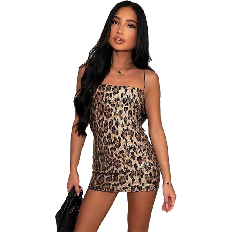 Damen Glitzerndes Minikleid mit Leopardenmuster und Spaghetti-Trägern Drune