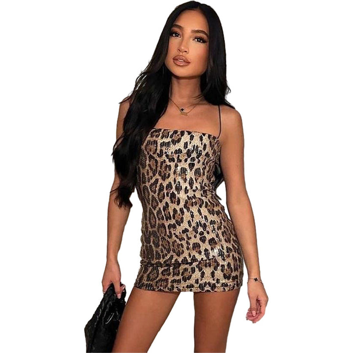 Damen Glitzerndes Minikleid mit Leopardenmuster und Spaghetti-Trägern Drune