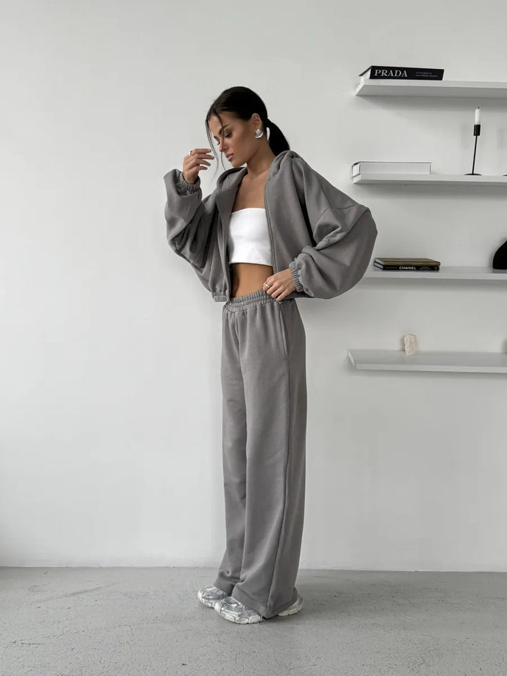 Damen Lounge-Set Cropped-Zip-Hoodie mit Oversize-Ärmeln und High-Waist Palazzo-Jogger Drune