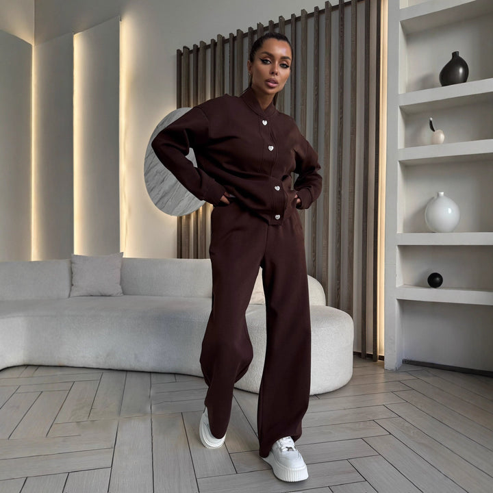 Damen Zweiteiliges Loungewear-Set mit Stehkragen, dekorativen Schmuckknöpfen und weitem Palazzo-Hosenbein Drune