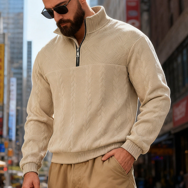 Herren nan strukturiertes Halfzip-Strickpullover mit Zopfmuster und hohem Stehkragen Drune