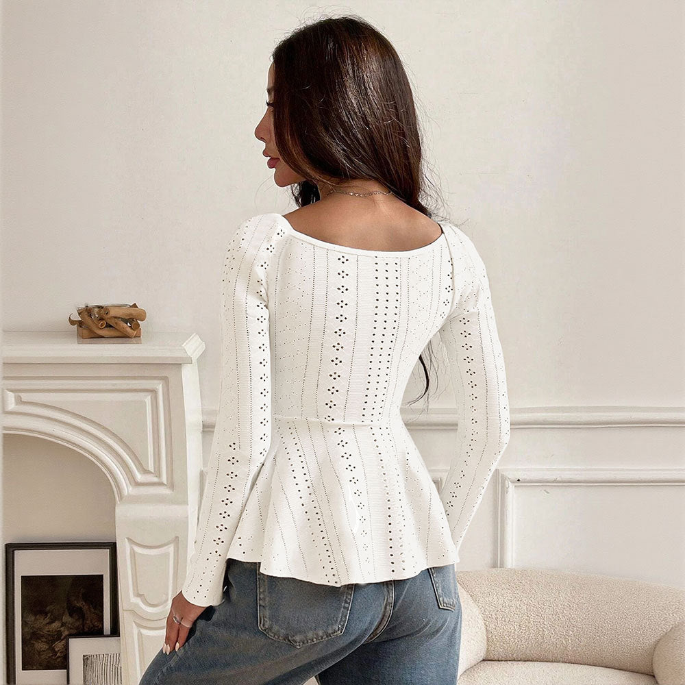 Damen besticktes Broderie-Anglaise Langarm-Top mit Raffung, V‑Ausschnitt‑Effekt und tailliertem Schößchen Drune