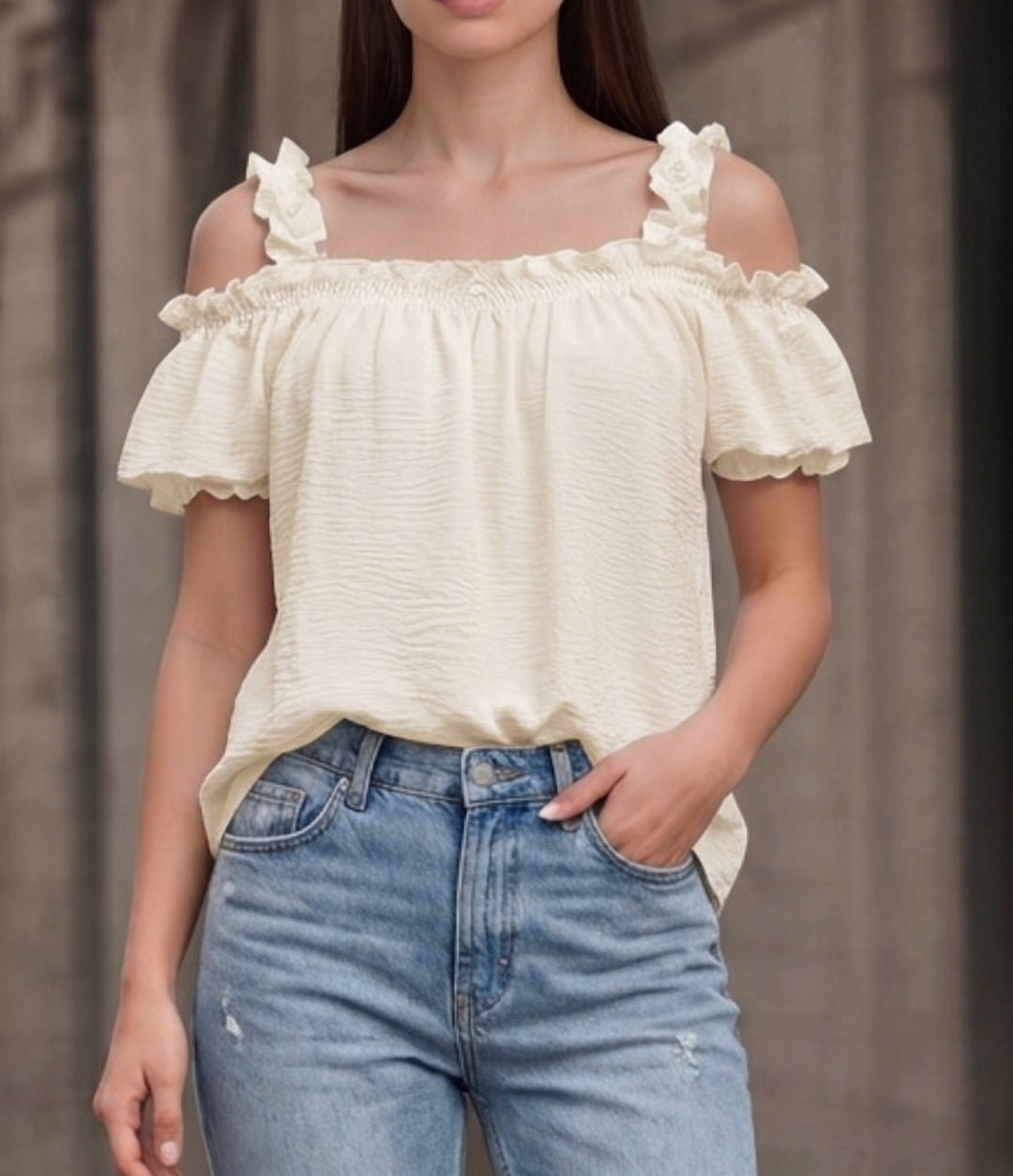 Damen Schulterfreies Crinkle-Top mit Smok-Bandeau, Rüschen‑Trägern und Flügelärmeln Drune