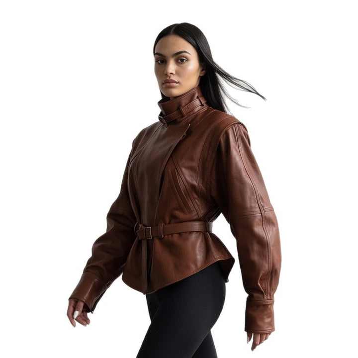 Damen Taillierte Kunstlederjacke mit Stehkragen, Nackenriemen und figurformendem Taillengürtel Drune