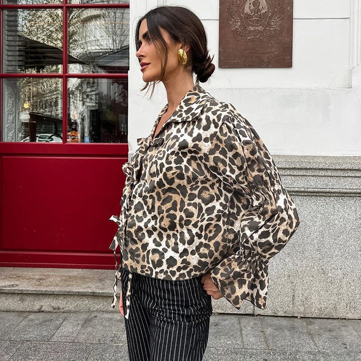 Damen Modische Bluse mit Leopardenmuster und Rüschenärmeln Drune